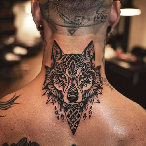 Tribal wolf back neck tattoo, Glenn Fabry style