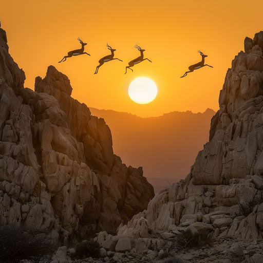 Gazelles gracefully leaping over natural rock formations in the Namib Desert at sunset.