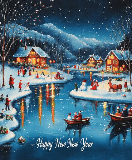 Snowy Christmas with colorful lights reflecting on water