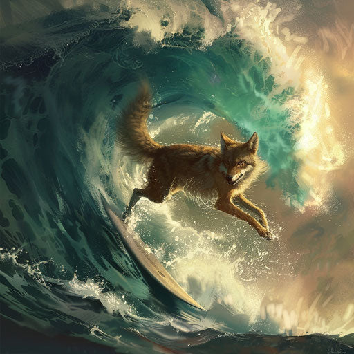A coyote surfing a giant wave