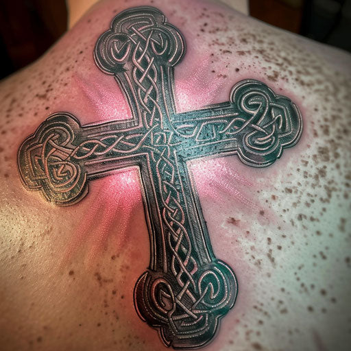 Glowing Celtic cross with mystical aura on white background