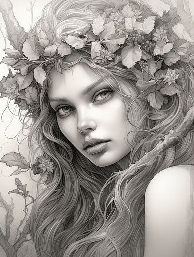 Woodland fairy with flowers: realistic and ethereal coloring page