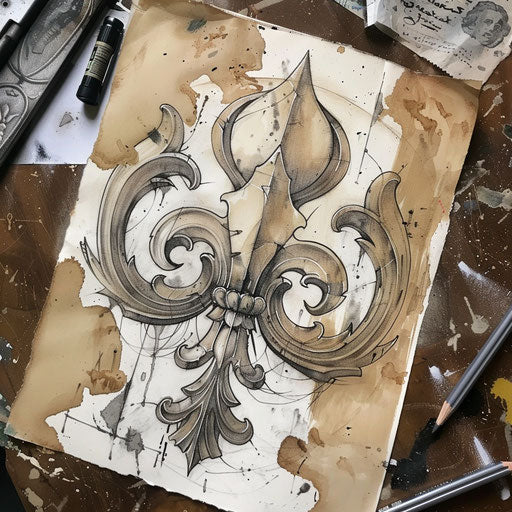 Rustic tattoo sketch of a fleur de lis with earthy brown textures