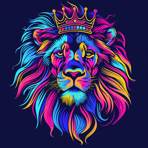 Flat tattoo sketch in retro clipart style of a lion with a crown, vivid neon colors inspired by the 1980s