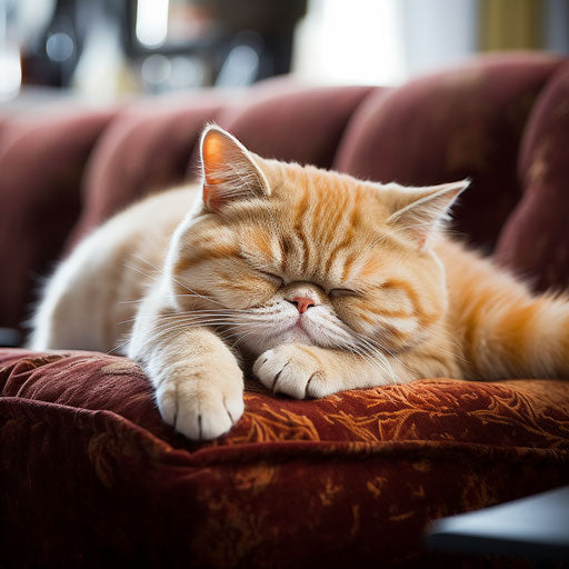 Exotic shorthair cat sleeping on a couch
