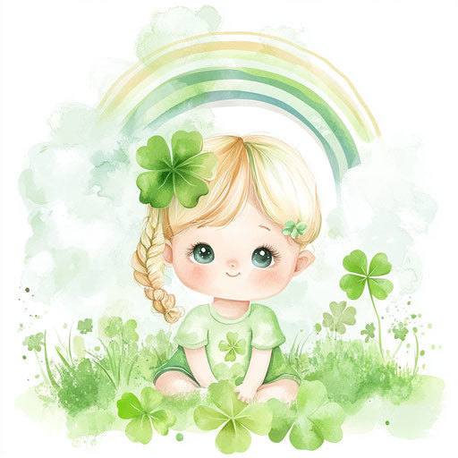 St. Patrick's Day baby, cute chibi-style clipart with rainbow and green clovers