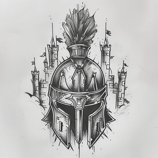 Medieval-inspired spartan helmet tattoo sketch with castle towers and knights