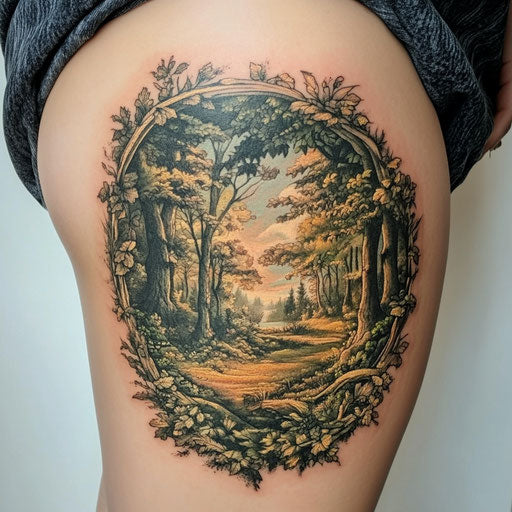 Thigh tattoos for females in the style of Peter Jackson with a mystical forest scene