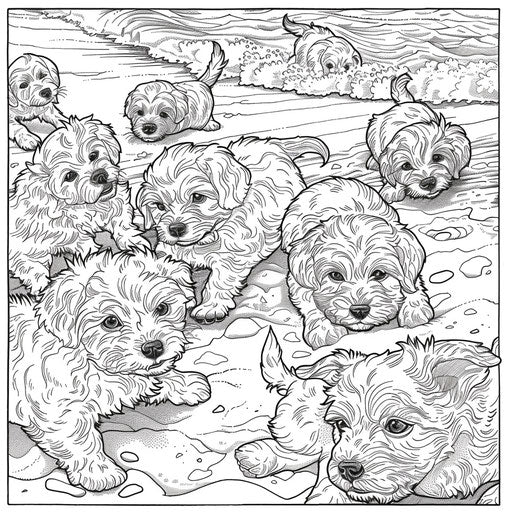 Puppies playing on the beach. Coloring book page