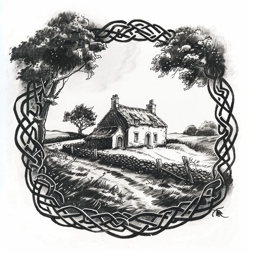 Traditional Irish cottage in Celtic landscape