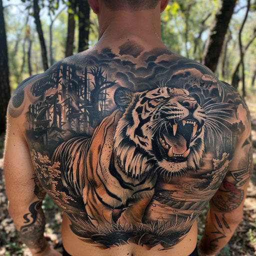 Roaring tiger back tattoo