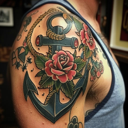 Bold shoulder tattoos for men: anchors and roses