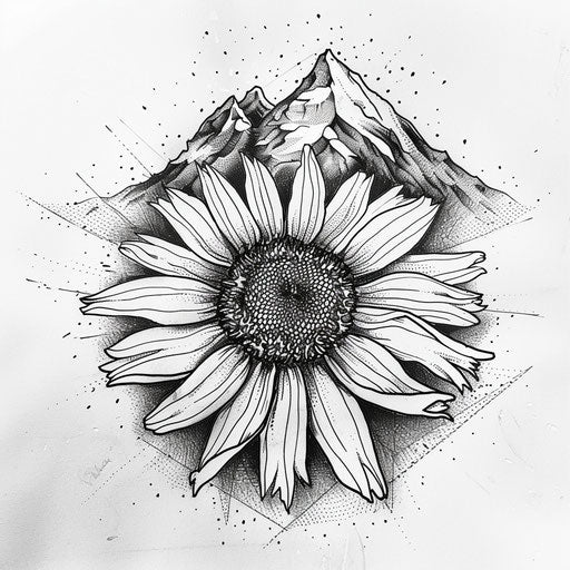 Adventurous tattoo sketch of a daisy with mountain landscapes