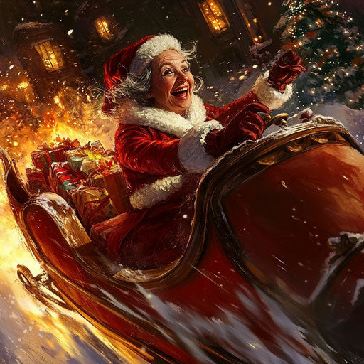 Mrs. Claus in her sleigh, delivering last-minute gifts