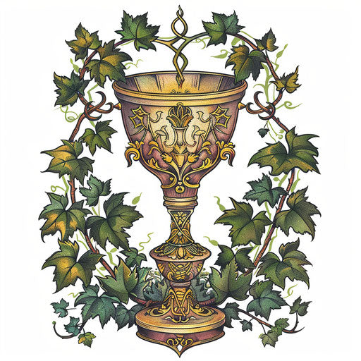 Holy Chalice and vine leaves tattoo design in gold and green on white