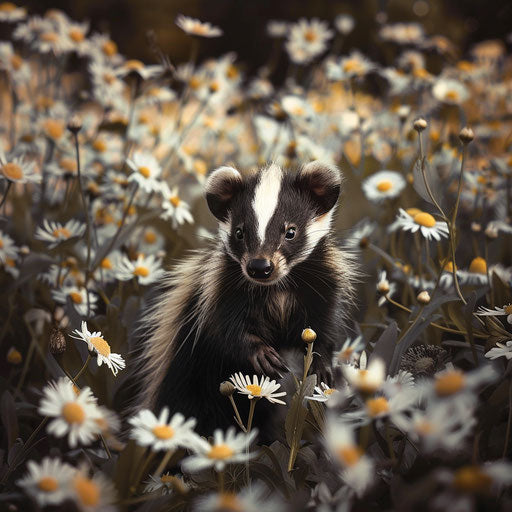 A skunk in a field of daisies styled after Gregory Colbert