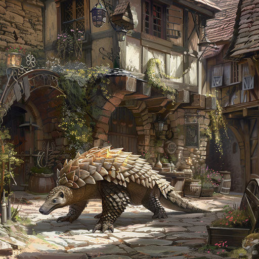 A pangolin in a medieval village, living everyday life