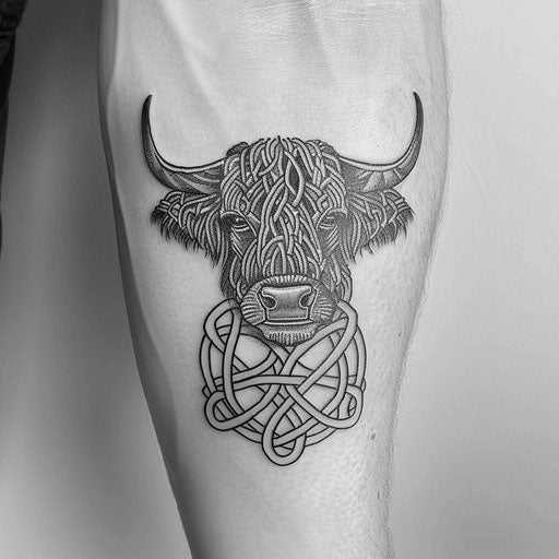 Celtic knotwork cow tattoo on white background