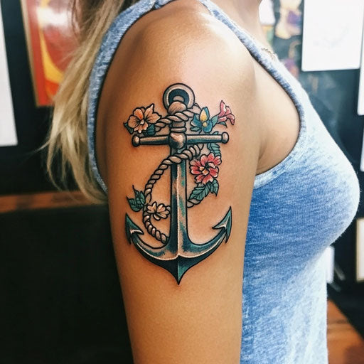 Half sleeve tattoos for women, a vintage anchor entwined with a rope and flowers