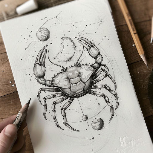Sketch of a Cancer zodiac tattoo with a realistic crab and lunar cycles on white paper