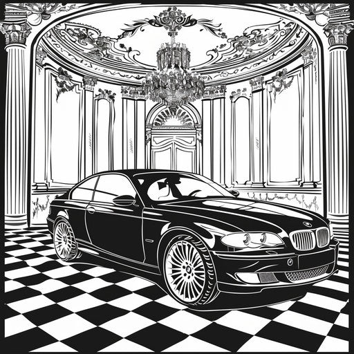 BMW car in a chic, fashionable setting with elegant patterns in the style of Megan Hess Coloring book page
