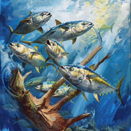 Yellowfin tuna circling a floating piece of driftwood