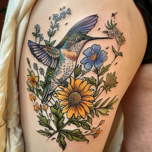 Wildflower tattoo with hummingbird, vibrant colors, dynamic composition