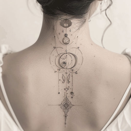 Art nouveau style galaxy tattoo, elegant lines on white background