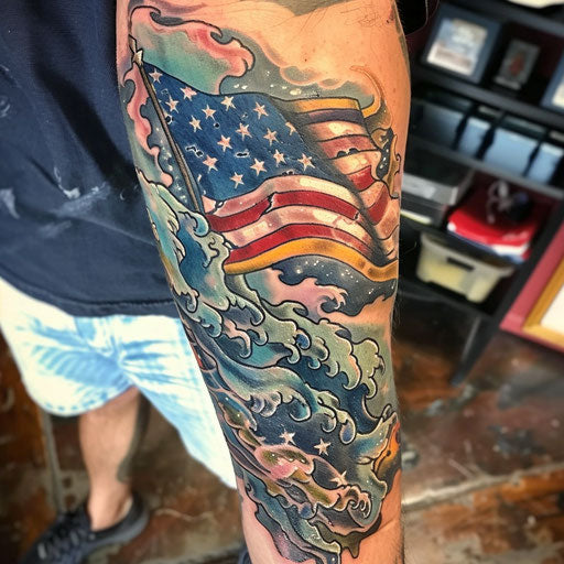 Waving flag and open sky in vibrant colored tattoo sketch