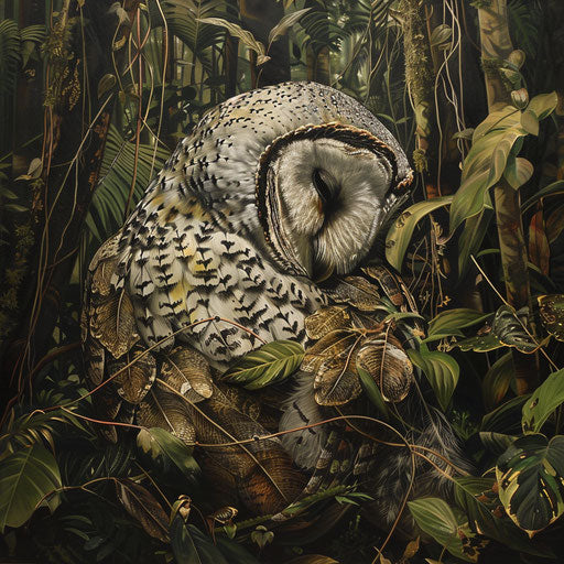 Spotted white owl grooming feathers in tropical forest