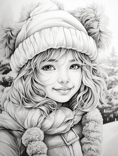 Girl coloring snowman, mono-ha style, layered 3:4