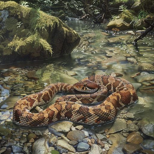 Copperhead snake by a clear stream