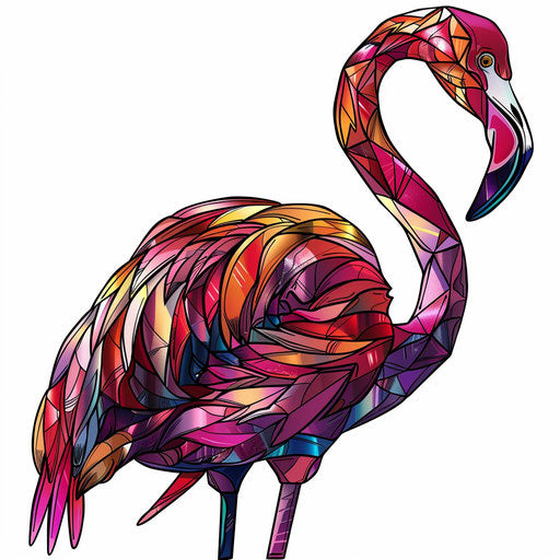 Stained glass style flamingo tattoo illustration with vivid colors and black outlines