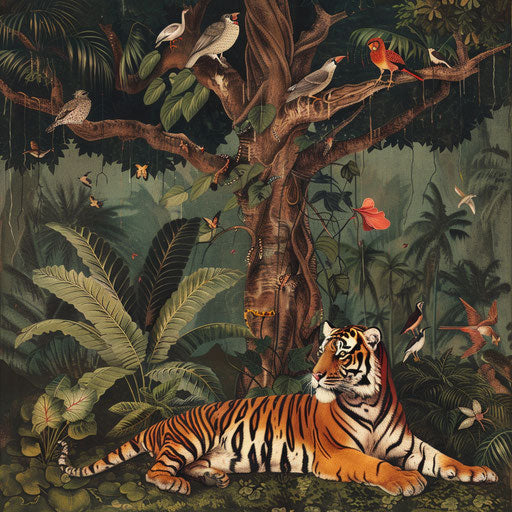 Resting Sunda tiger under giant fig tree
