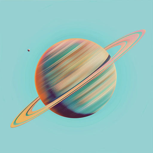 Realistic Saturn illustration on flat turquoise background, bold outlines and matte finish