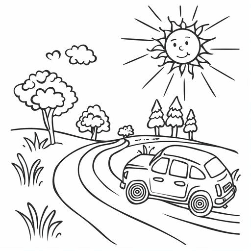 Car driving on road with trees and sun