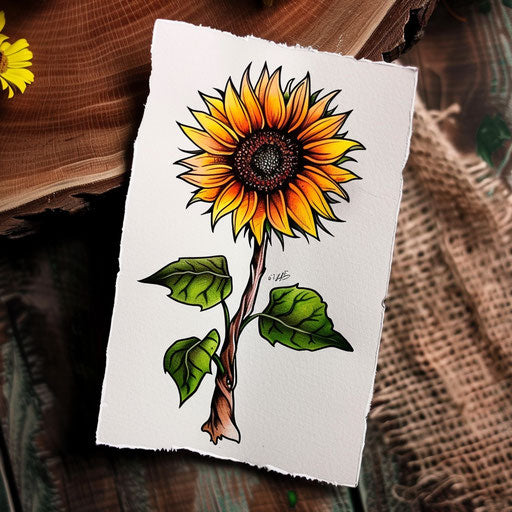 Small sunflower tattoo in bold colors on white paper