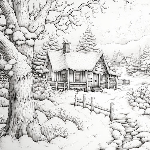 Coloring drawings of a winter scene