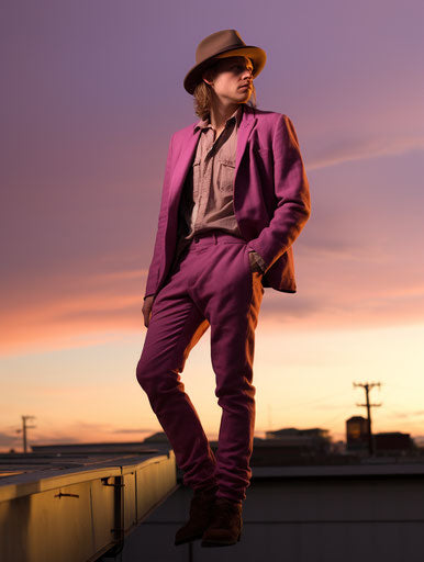 Singer on a roof, amber and magenta style, pensive poses