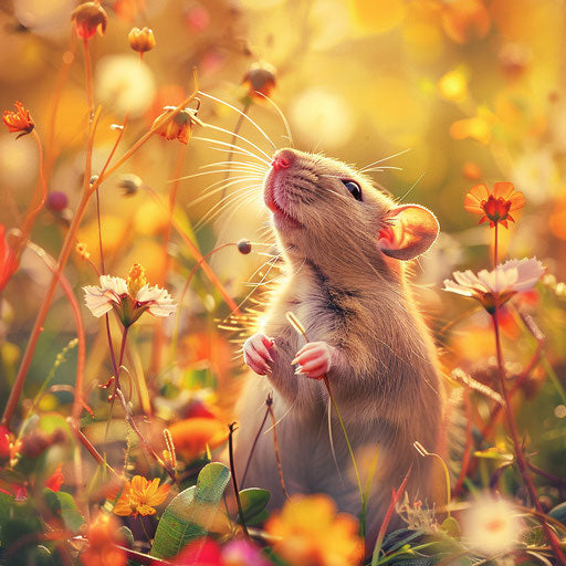 Brown rat among colorful wildflowers