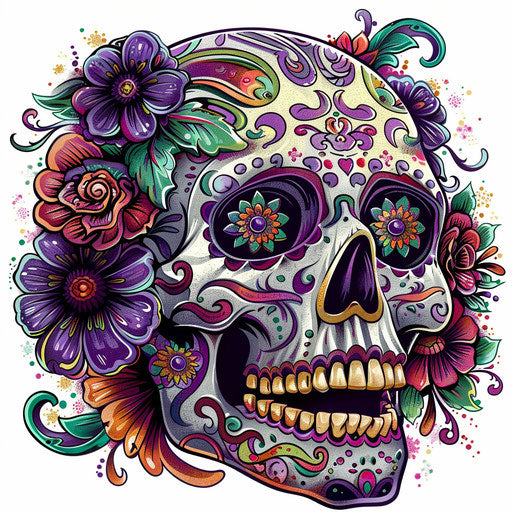 Flat tattoo sketch of a Calavera with vibrant sugar skull patterns