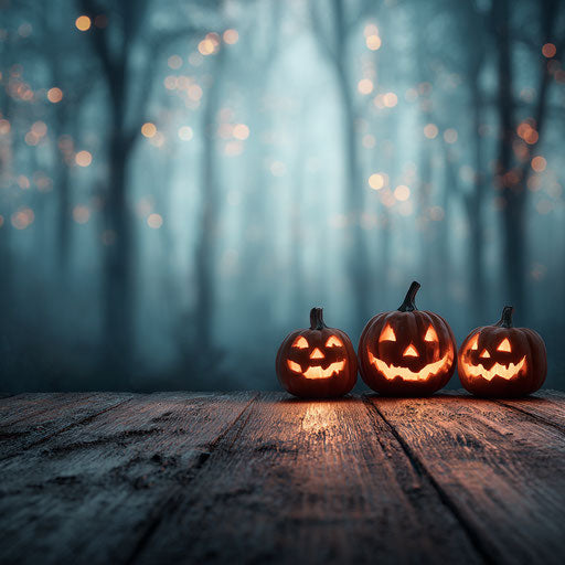 Three Glowing Jack-o'-Lanterns on a Rustic Surface