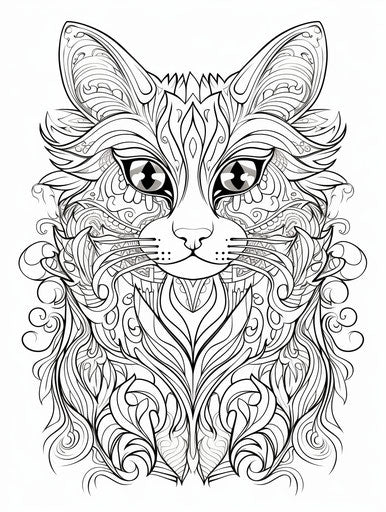 Cat with pattern, detailed pen and ink sketches style, cute and colorful