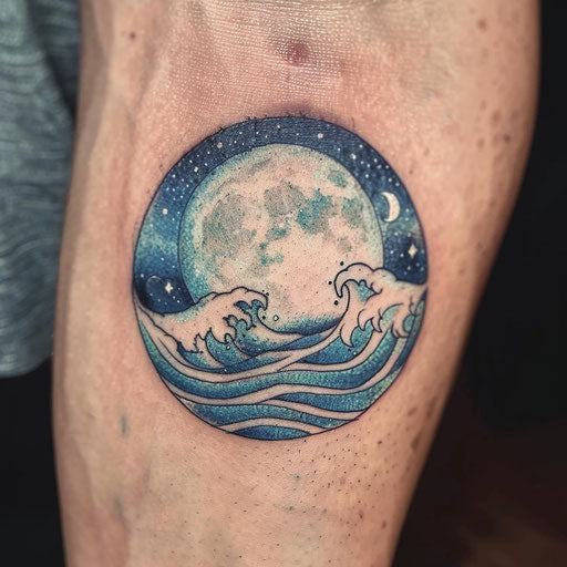 Dreamy flat tattoo sketch of a full moon over the ocean