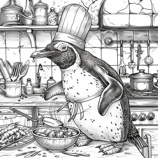 Whimsical penguin chef preparing a seafood feast