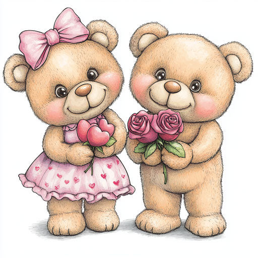 Cute teddy bear couple holding roses with love hearts