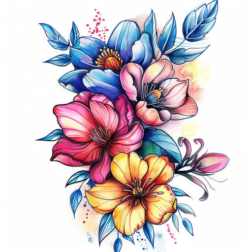 Vibrant floral watercolor sketch for girly tattoo