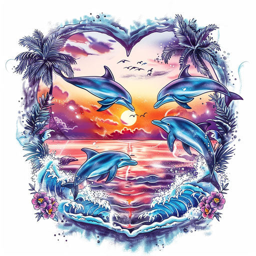 Heart-shaped sunset with dolphins jumping over waves
