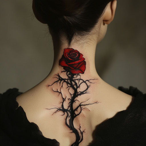 Rose neck tattoo in the style of Gerald Brom with a dark twisted rose and eerie shadows