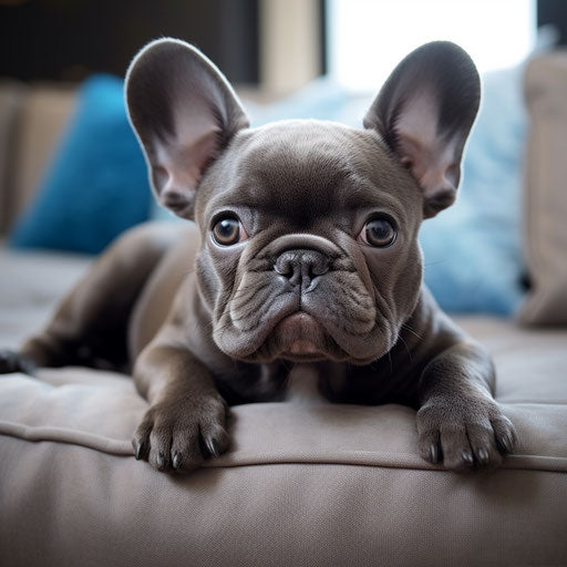 French bulldog on a couch, dark silver and light azure style